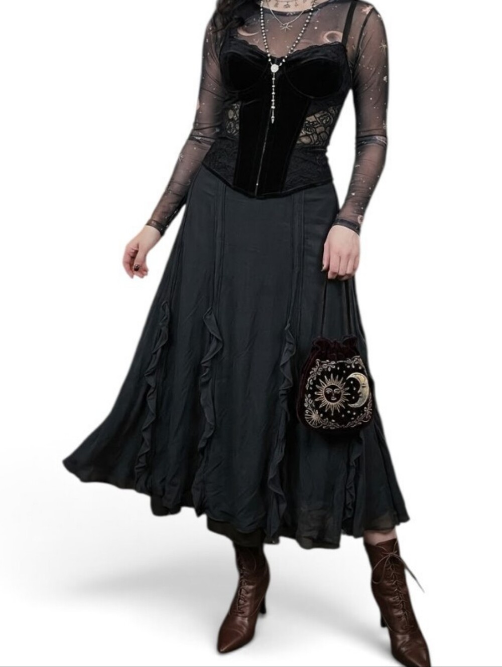 Vintage Y2K Lauren Ralph Lauren Black Silk Ruffle Tiered Midi Skirt Size 14